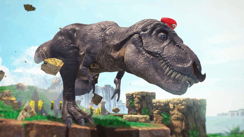 Mario in control of a T-Rex in Super Mario Odyssey