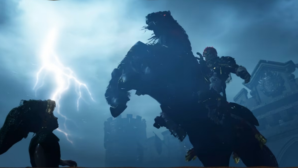 Link confronting Ganondorf on horseback during the stormy midnight escape from Hyrule Castle.