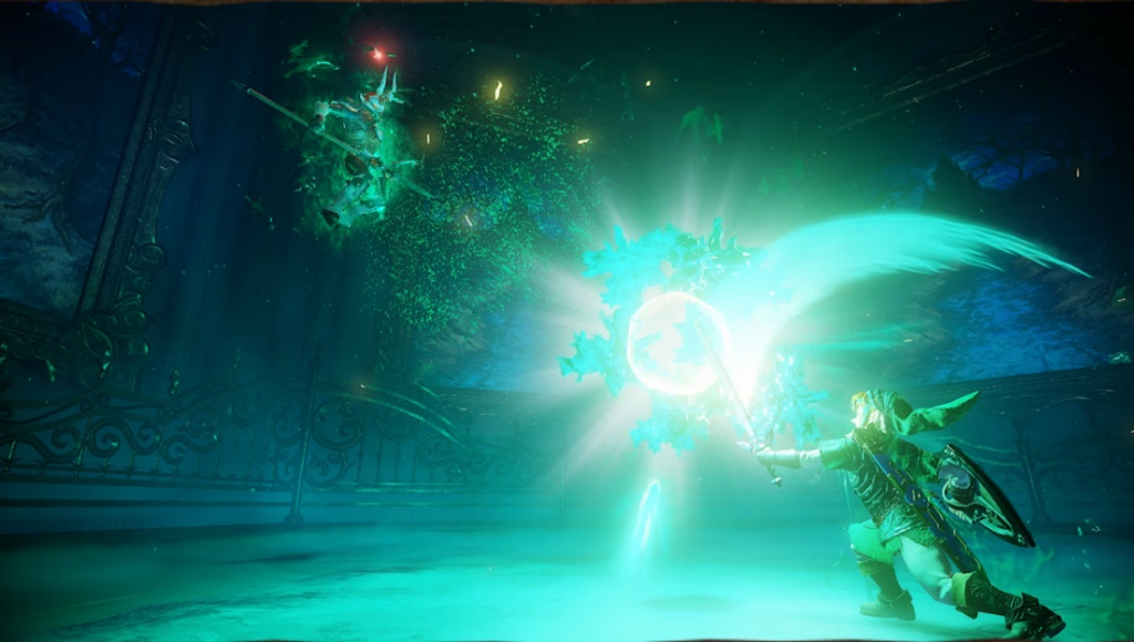 Adult Link reflecting spell projectiles with the Master Sword inside the Forest Temple.